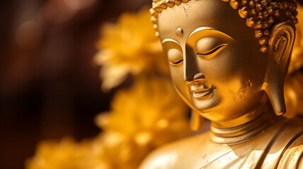 Close-up of a golden Buddha statue, exuding peace and tranquility with its serene expression and intricate details.
