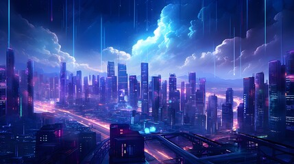 Night city panorama with neon lights. Night cityscape with skyscrapers and road. 3d illustration