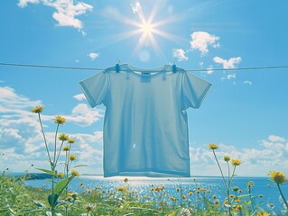 A white shirt is hanging on a clothesline in a field of yellow flowers - 776075848