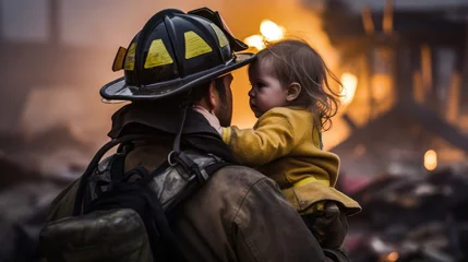 Foto op Plexiglas Fire Fighter holding a baby in his arms as they escape the fire © JH45