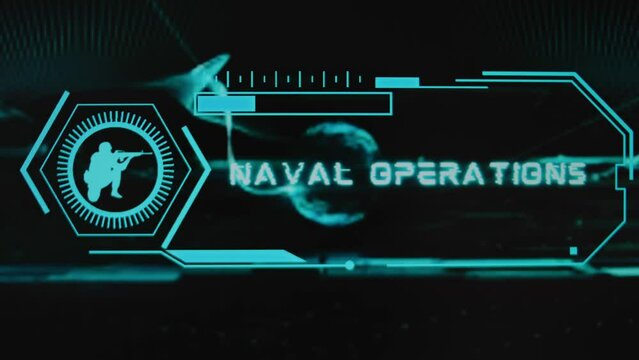 Naval Operations inscription on black background. Graphic presentation with neon sensors with scale and silhouette of soldier with gun. Military concept