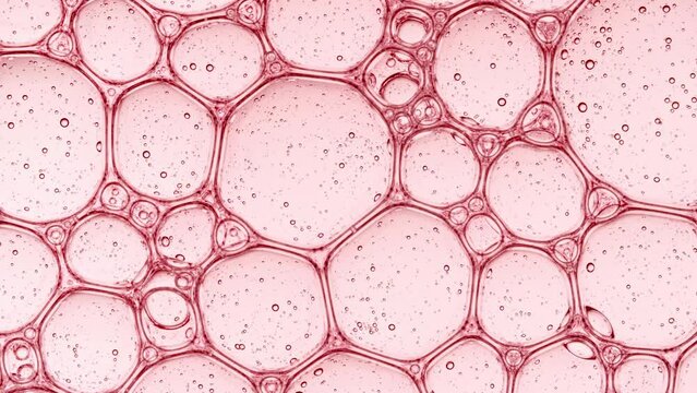 Bubble cluster, cells under a microscope. Transparent cosmetic gel fluid with molecule bubbles oil distribution. Macro Shot of Natural Organic Cosmetics, Medicine. Production Close-up. Slow Motion. 