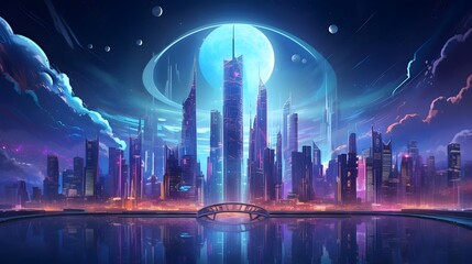 Futuristic city panorama. Futuristic city at night with neon lights. 3d rendering