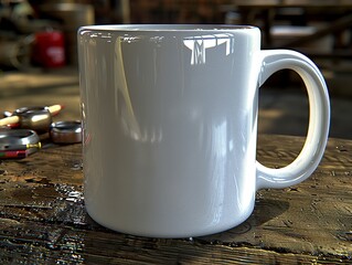 A white coffee mug sits on a wooden table - 776076039