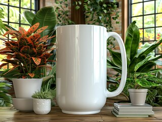 A white pitcher sits on a table next to several potted plants - 776076049