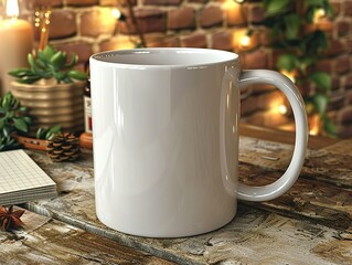 A white coffee mug sits on a wooden table - 776076069