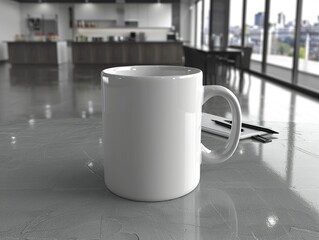 A white coffee cup sits on a counter in a kitchen - 776076075