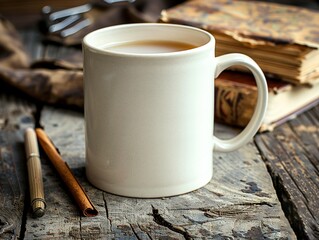 A white coffee mug sits on a wooden table next to a pen and a book - 776076093