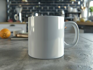 A white coffee mug sits on a counter in a kitchen - 776076095