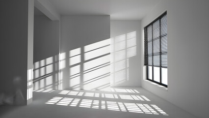 Modern room bathed in natural sunlight through venetian blinds in morning.