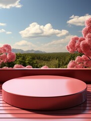 A red round table with a view of a forest and mountains in the background - 776076224