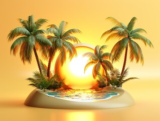 A tropical island with palm trees and a large sun in the background