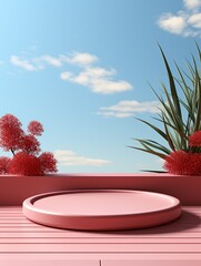 A pink table with a red flower on it - 776076241