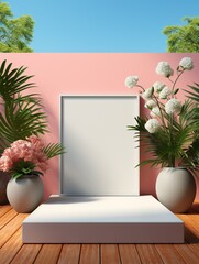 A white frame with a white background and a pink wall - 776076269