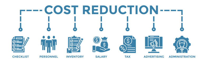 Cost reduction banner web icon illustration concept with icon of checklist, personnel, inventory, salary, tax, advertising and administration