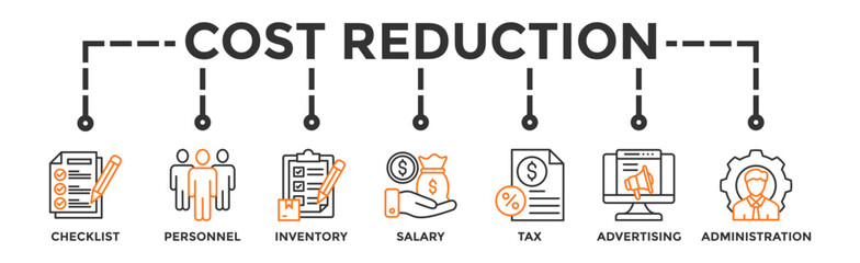 Cost reduction banner web icon illustration concept with icon of checklist, personnel, inventory, salary, tax, advertising and administration