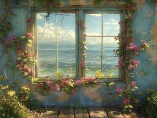A window with a view of the ocean and a garden of flowers - 776076453