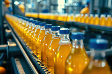Conveyor belt with bottles of orange juice in production line at factory manufacturing plant
