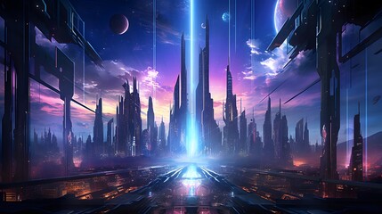 Futuristic city with neon lights and a spaceship, 3d rendering