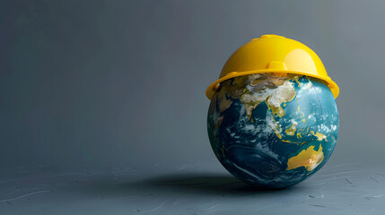 yellow construction hat on top of globe, blue background, labour day - obrazy, fototapety, plakaty