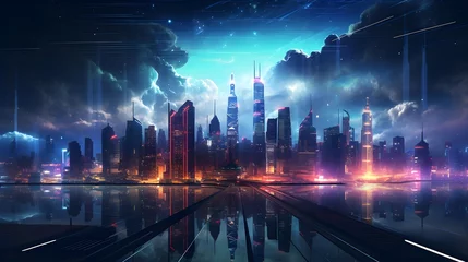 Poster Night city panorama with neon lights. Futuristic night cityscape. © Iman