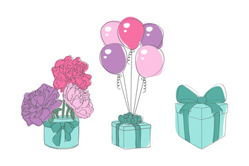 A bouquet of colorful flowers and balloons arranged in a vase with a gift box. The flowers are in full bloom, complemented by the vibrant balloons adding a festive touch to the arrangement - obrazy, fototapety, plakaty