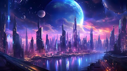 Futuristic city at night. Panoramic view of the city.