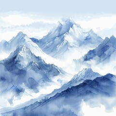 Snowcapped mountains, watercolor style, cool color palette, pristine and tranquil mountain scenery , illustration - obrazy, fototapety, plakaty