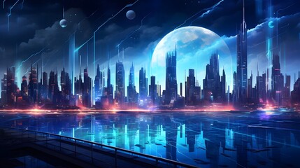 Fototapeta na wymiar Futuristic city with neon lights and moon. 3d rendering