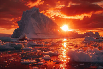 Majestic iceberg reflecting in the calm waters of the Arctic under a fiery sunset sky. - obrazy, fototapety, plakaty