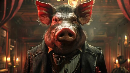 The Porcine Syndicate, a heavyweight player in the agricultural sector, led by a boar, with a dark and commanding mafia presence , hyper realistic - obrazy, fototapety, plakaty