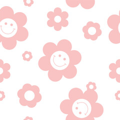 Seamless Retro groovy smiley daisy flowers pattern