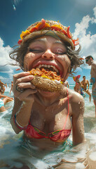 Grotesque caricature of a woman eating a burger a summer day in the beach - obrazy, fototapety, plakaty