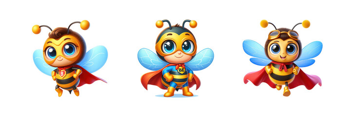 Set of Cartoon cute bee superhero illustration, isolated over on transparent white background