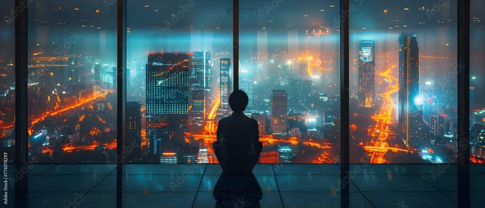 Poster person analyzing data on a digital tablet in a modern office setting with a city view. concept moder