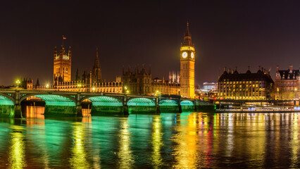 A view of the Westminster Bridge, Big Ben and the houses of Parliament, London, UK in the evening.

