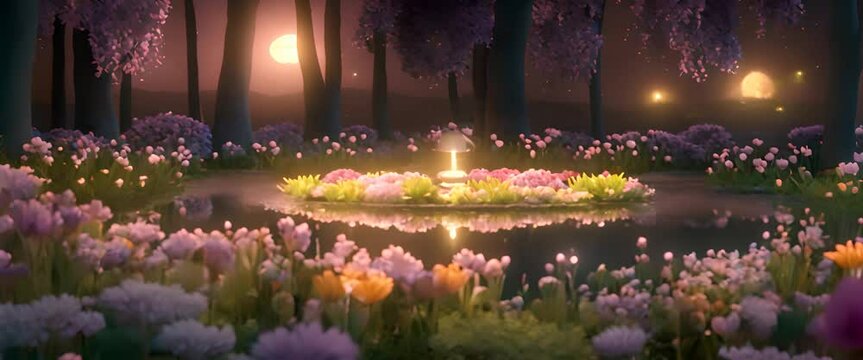 flower garden in the middle of the forest at night with flowers lit up on a small lake