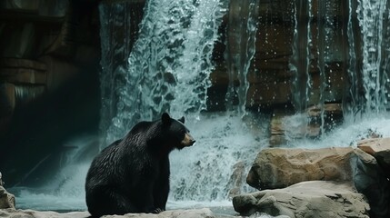 black bear standing near the waterfall.	 - Powered by Adobe