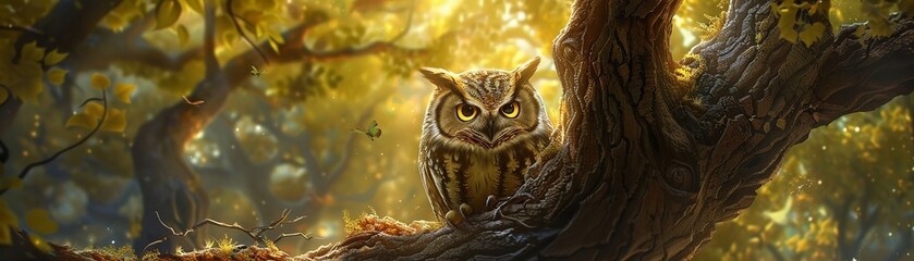 Wise owl character, childrens educational book style, soft and colorful artwork, ancient tree library setting , hyper realistic