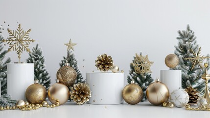 Fototapeta na wymiar Gold and White Shiny Christmas Decorative Items on White Stage Mock-Up