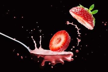 Strawberry and Pink Milk Splash on Spoon Against Black Background