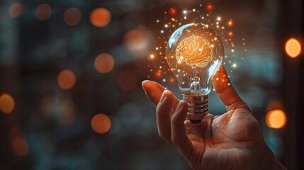 A hand holding a light bulb, with a miniature brain inside, glowing softly, symbolizing personal enlightenment and creativity
