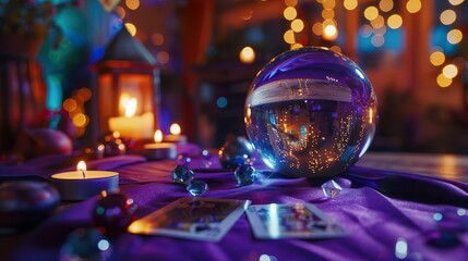 Table with crystal ball and candels, card reading and divination, occult table
