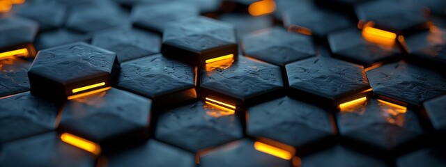2d dark matte 3d hexagon with glow between tiles - obrazy, fototapety, plakaty