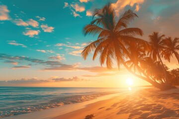 Fototapeta na wymiar Golden Sunset Serenity: Tropical Palm Beach
