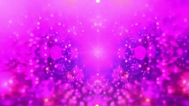 Abstract pink and purple bokeh background with sparkling light effects and symmetrical pattern.
