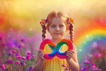 Joyful Kid Embracing Rainbow Infinity - obrazy, fototapety, plakaty