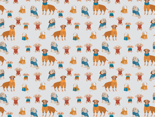 Seamless pattern Cute dogs in warm winter costume. Flat vector pattern on gray light  background. Winter pattern, wallpaper, print, children textile.