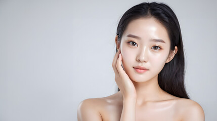 beautiful Korean girl, good skin, black hair, white background, skin care