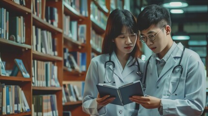 Young Asian Medical Professionals Discussing in Library